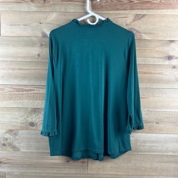 Lands End Womens Shirt 3/4 Sleee Button Up Jersey Ruffle Neck Pintuck Green XL - Picture 5 of 7